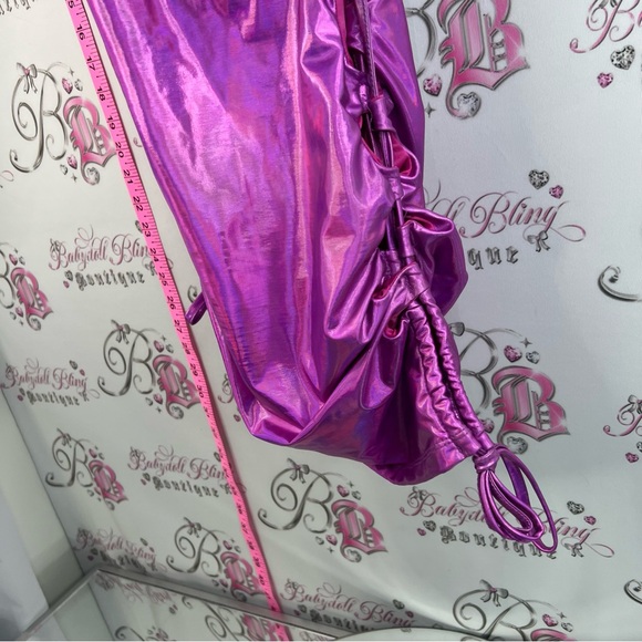 No vacancy dress, shiny metallic Shimmery Fuchsia Halter Ruched Mini lace up - Picture 4 of 13